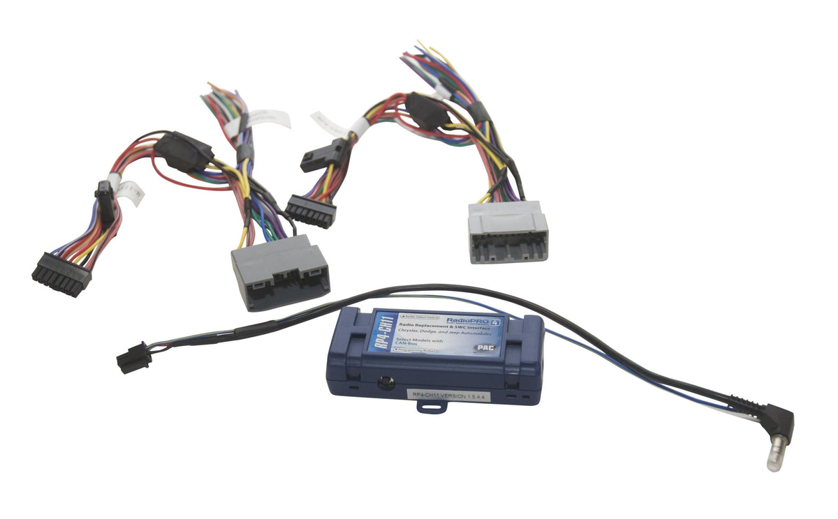 INTERFAZ RADIO PRO4 PARA CHRYSLER, DODGE, JEEP, RAM: Retiene amplificador original, control al volante, CAN-BUS.